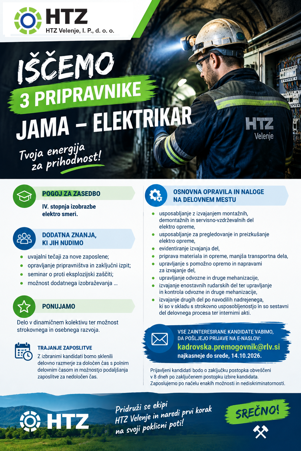 Razpis za zasedbo treh prostih delovnih mest PRIPRAVNIK JAMA – ELEKTRIKAR